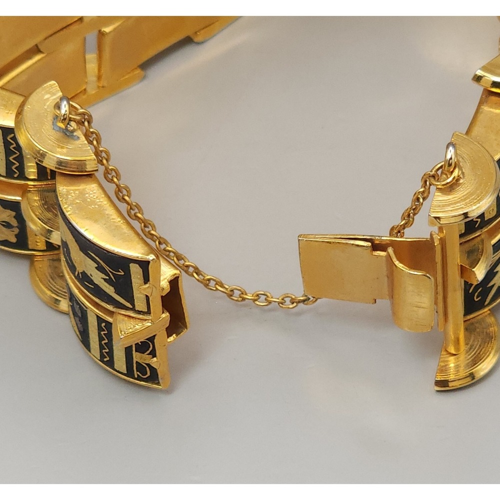 1 Inch Wide Damascene Gold Black Panel Link Bracelet Multi Row 6.5" Safety Bird - Picture 8 of 11